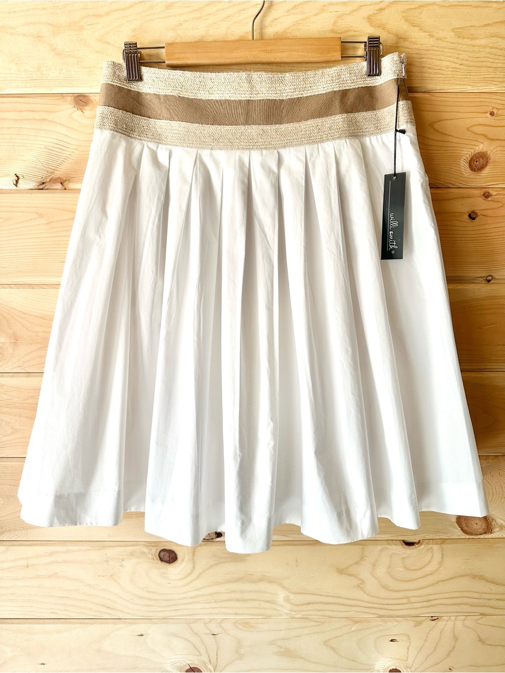 NWT Willi Smith White Pleated A-Line Cotton Knee-Length Skirt Tan Waist Trim 6